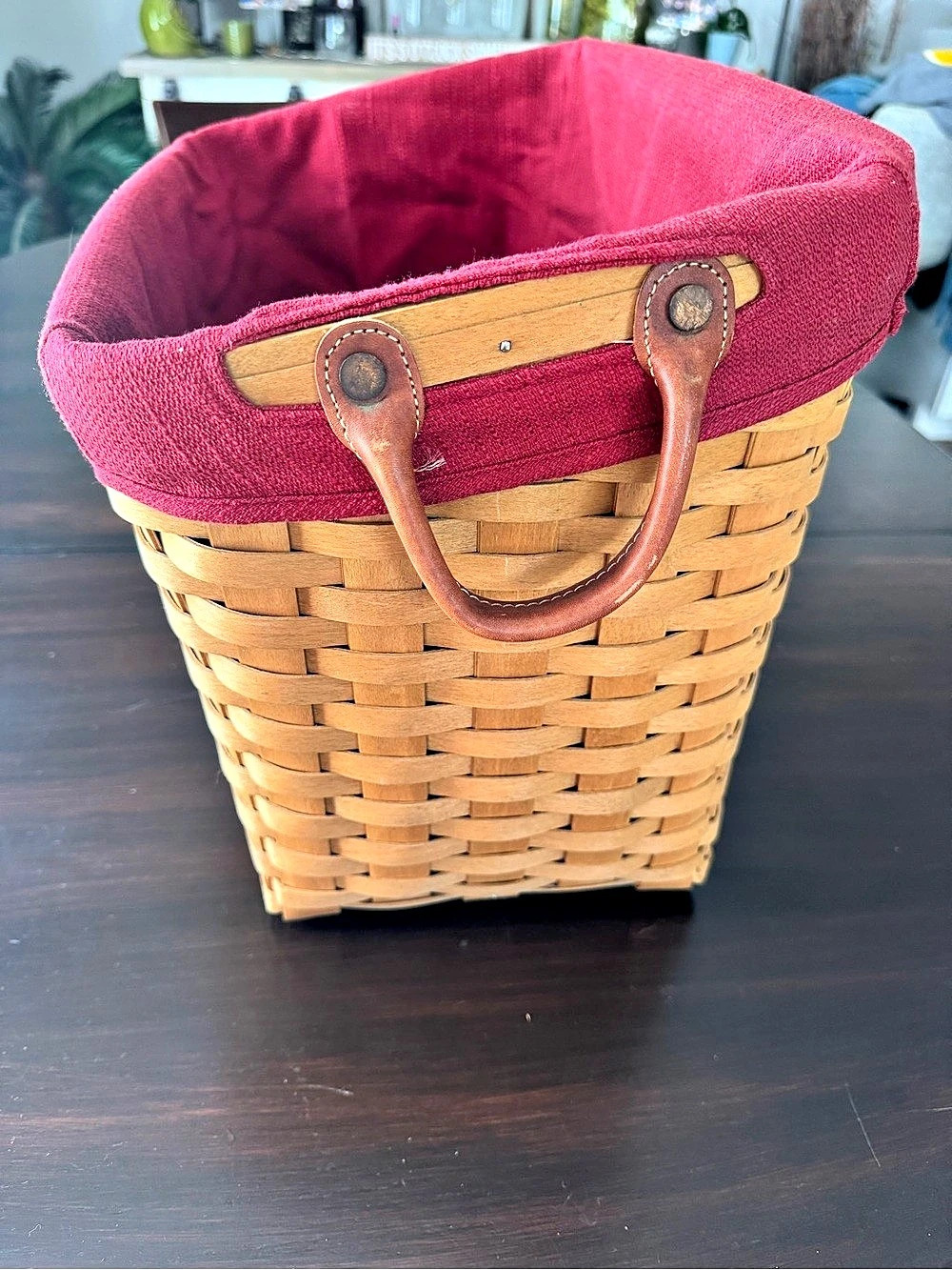 Longaberger Newspaper Basket with Handles in Brown & Red